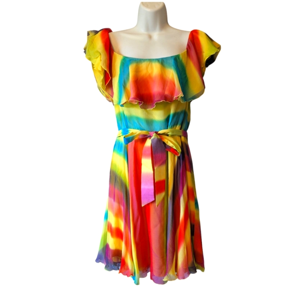 💥SALE💥 Alice + Olivia Vibrant Multicolor Rainbow Ruffle Dress 100% Silk Sz. M